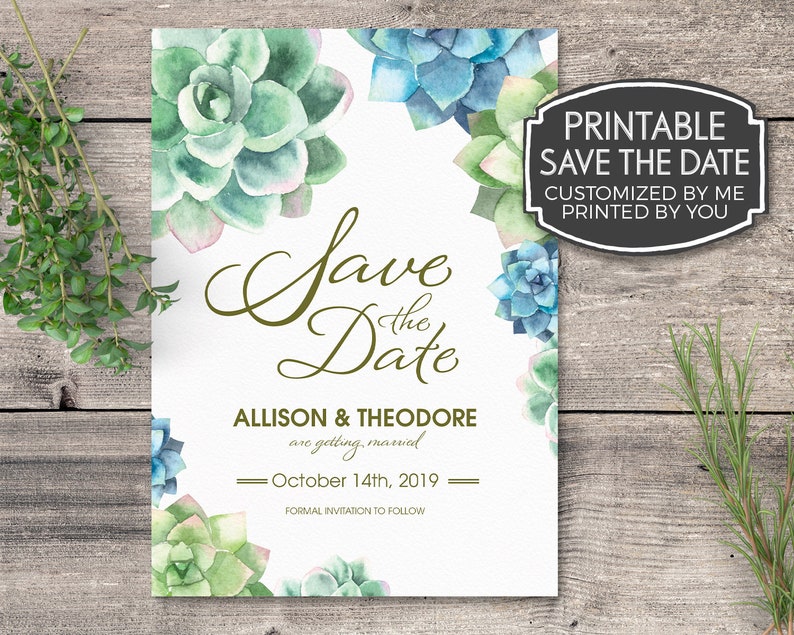 Nature Wedding Stationery Save the Date Card Succulent Themed Watercolor Wedding Announcement Custom Printable