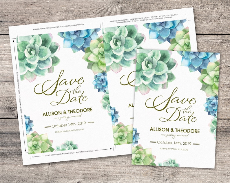 Nature Wedding Stationery Save the Date Card Succulent Themed Watercolor Wedding Announcement Custom Printable