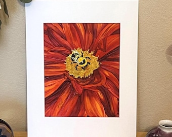 Embellished Bumble Bee Dahlia Giclee Print: Watercolor Fine Art (Unframed)