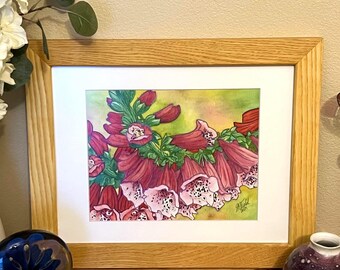 Embellished Foxglove Watercolor Painting Print – "Foxglove Foxtrot", Framed or Unframed