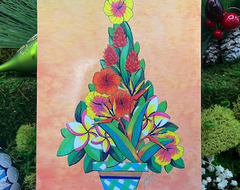 Tropical Floral Christmas Tree Holiday Postcard - Set of 5 Postcards