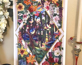 Hand Embellished Floral Giclee Art Print: Watercolor Fantasy