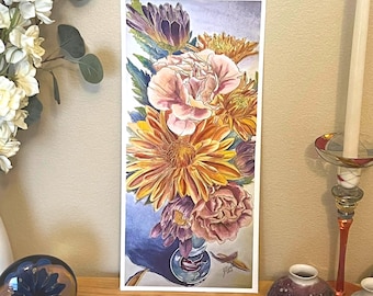 Embellished Giclee Fine Art Print - "Mini Firework Vase" - Mixed Flower Watercolor Print - Unframed