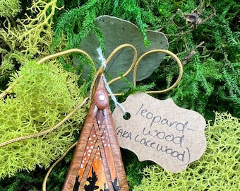 Painted Leopardwood (Lacewood) Pendant Necklace - "Leopardwood Sunset" - 20inch gold-plated chain