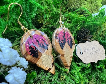 Painted Zebrawood Earrings - "Magenta Forest"