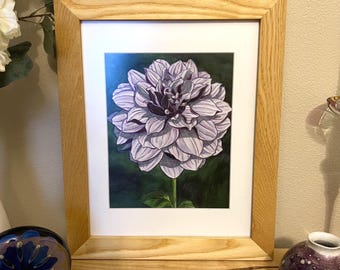 Embellished Dahlia Giclee Print: "Peeking Purple Petals" Watercolor Art, Framed Option