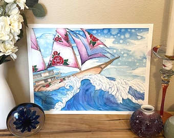 Embellished Giclee Fine Art Print - "The Flora" - Watercolor Fantasy Sailing Ship Print - Unframed