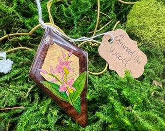 Painted Granadillo Wood Pendant - "Pink Orchids on Gold"