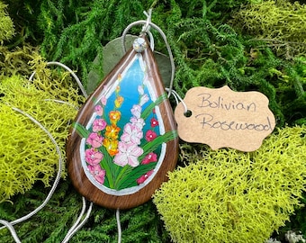 Painted Bolivian Rosewood Pendant Necklace - "Colorful Gladiolus" - 24 Inch Silver-plated Chain