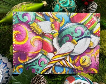 Bright Christmas Baubles Holiday Card - Set of 5 single-sided gold embellish cards with envelopes