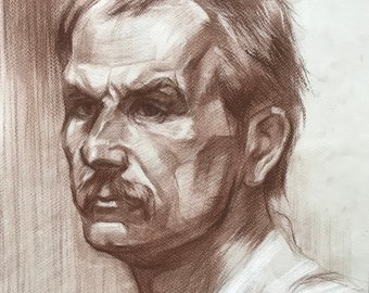 Male portrait peasant worker, European fine art One of a kind, Original Ukrainian drawing on paper