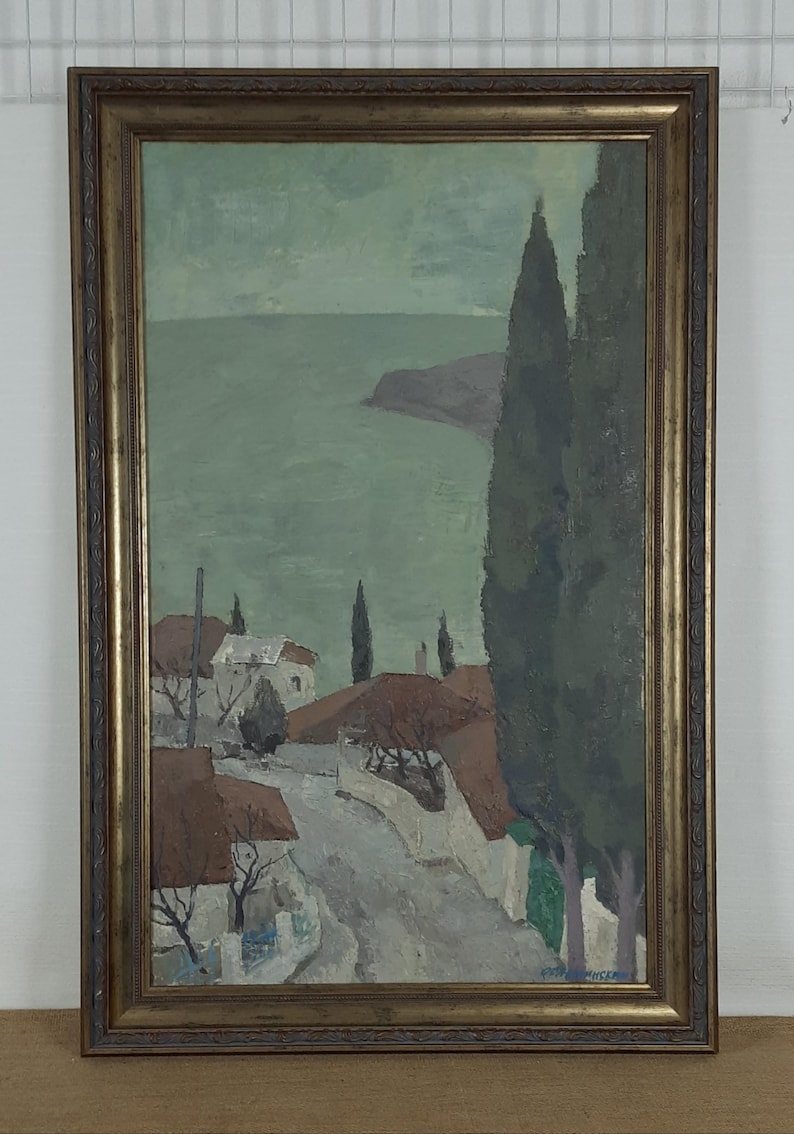 Oil Seascape, Cityscape, Original Vintage Oil Painting, Ukrainian