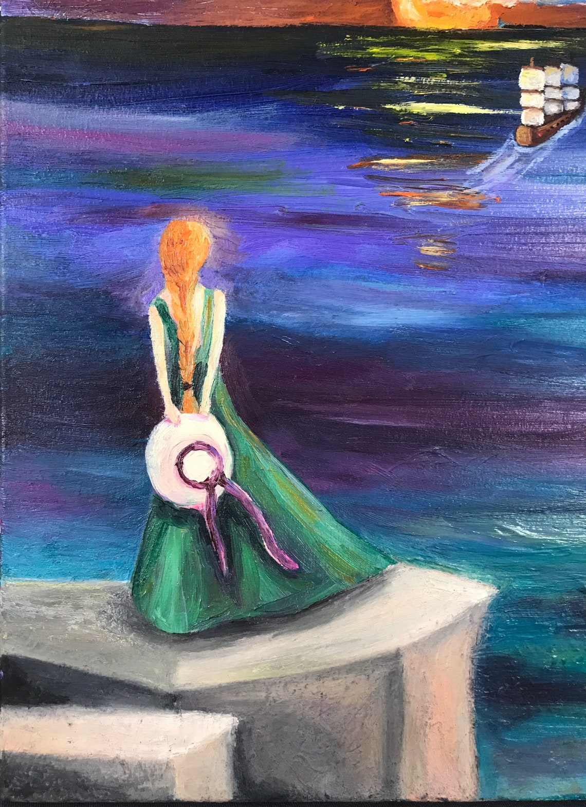 Original oil on canvas painting Girl Waiting Seascape Etsy