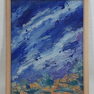 Blue Abstract Expression Landscape, Original Ukrainian Oil painting, One of a kind, Framed