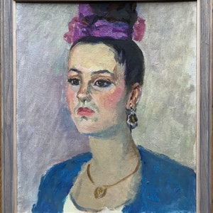 Portrait of a woman, Beauty Girl model student, original Ukrainian oil painting Woman, One of a kind, Framed