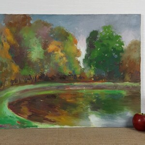 Waterscape Landscape Scenariy Lake with Trees Park, Expressionism oil painting , Framed oil painting, Early Autumn nature, Original Oil art
