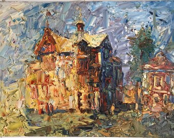 Landscape Castle Scenariy house, European Fine Art, One of a kind, Large Original Ukrainian oil painting