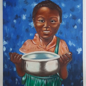 Contemporary Original Oil Painting, Oil on canvas, Portrait, African Kid, Original oil canvas painting