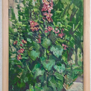 Original Vintage Oil painting, Landscape scene with Garden Flowers Mallow, Odessa artis Gorbunov European Fine Art, One of a kind