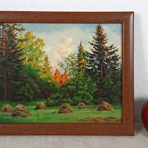 Landscape Forest Trees Scenariy Sky, European Fine Art, Framed, One of a kind, Vintage Original Ukrainian oil painting