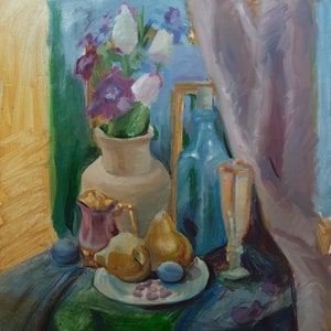 Floral Still life Scene with fruit, Hand Made One of a kind, Ukrainian Art, original Ukrainian oil painting