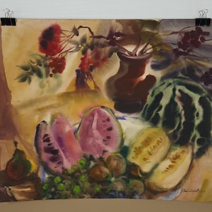 Melon and Watermelon, Original Watercolor Painting, Expressive, Ukrainian artist Ponikarov