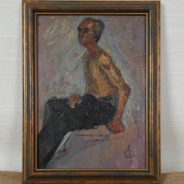 Male Portrait, Sitting Man, Male Nude, Small Painting, Ukrainian artist, One of a kind, Vintage Original Ukrainian oil painting