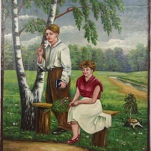 Ukrainian Large Vintage Original Ukrainian oil Painting, Love Love Story Landscape Sky, Oil on Canvas, One of a Kind