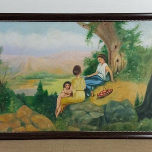 Vintage Original oil on cardboard, Ukrainian artist, Family, Child, River landscape, Naive, Vintage painting