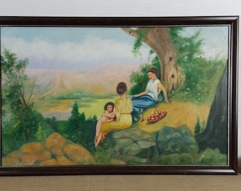 Vintage Original oil on cardboard, Ukrainian artist, Family, Child, River landscape, Naive, Vintage painting