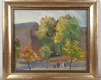 Original Ukrainian Oil Painting, Green Trees Cityscape, 1970s
