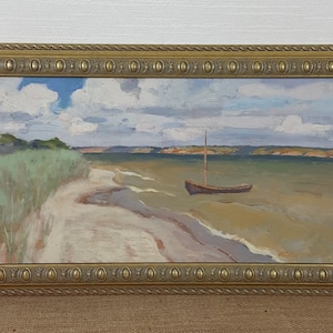 Boat Painting, Eastuary Landscape, Original Vintage Oil Painting, Ukrainian artist Sleshinsky