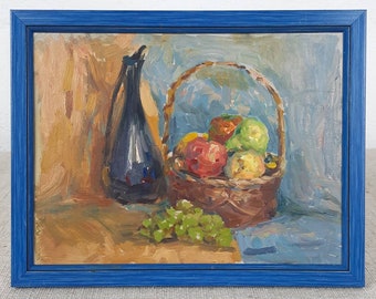 Scene with Fruit  Apples Grapes, Summer Stil life,  One of a kind hand made, Original Ukrainian oil painting