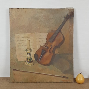 Still Life with Violin, Original Vintage Oil Painting, Ukrainian artist Sleshinsky