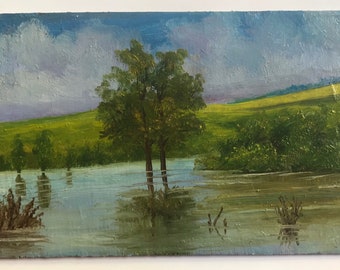 Small oil painting, Gorgeous Lake  Trees, Nature, Landscape Calm Waterscape, Expressionism oil painting, Original Ukrainian oil painting