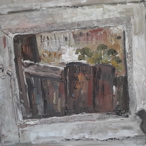 Interior Window Landscape Bird, Handmade fine art painting, Original Ukrainian oil painting