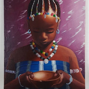 Large Superb Contemporary Original Oil Painting, Oil on canvas, Portrait African Kid, Black beauty