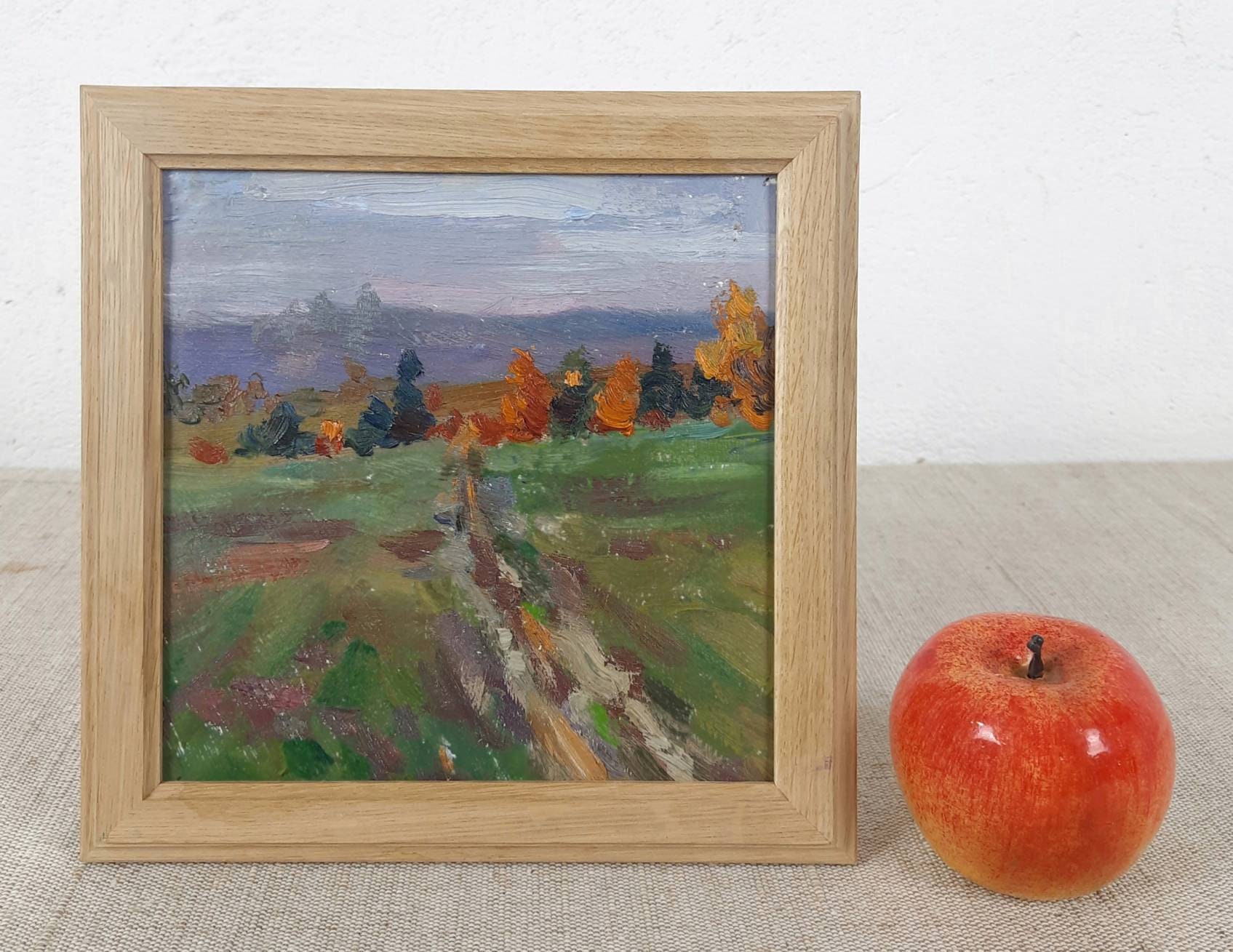 Gold Landscape Field Road, Autumn Scenariy Trees, Expressionism Ukrainian oil painting, Original oil painting