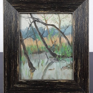 Landscape, Trees, Spring river flood, Expressionism Ukrainian painting, Framed, Hand Made, Expressive,  Ukrainian Original oil painting