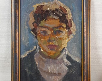 Woman in Glasses, Female Portrait, Ukrainian artist, Expressive Original oil painting