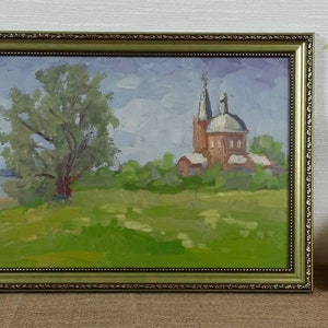 Landscape with Church, Sky Spring Landscape, Expressive Ukrainian oil painting, Original oil painting
