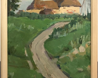 Framed Village Landscape Oil Painting, Ukrainian Art, 1980s