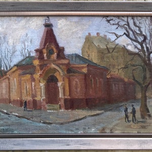 Cityscape Scenariy Architecture houses Trees, Expressive Original Ukrainian painting, Sunny day Framed oil painting