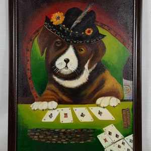 Gambling Play Cards Casino Dog portrait , Expressive Ukrainian Original oil canvas painting