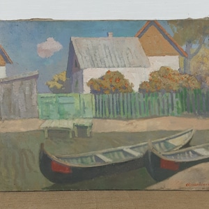 Boat Painting, Fishing Boats, Original Vintage Oil Painting, Ukrainian artist Sleshinsky