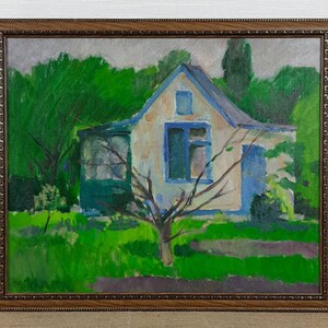 Green Landscape Village Scenariy Country house, Framed, Original Ukrainian oil painting