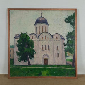 Orthodox Church, Church Painting, City Art, Original Vintage Oil Painting, Ukrainian artist Sleshinsky