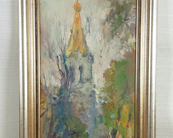 Original oil painting, Church, Sky, Sunny Day, Landscape, Cityscape