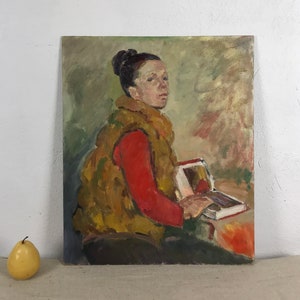 Expressionism Female Portrait Oil Painting, Original Ukrainian Art, Woman Reading Book