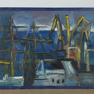 Odesa Seaport, Seascape, Ukrainian artist Shchekina,  Only of its kind, Framed, Original Ukrainian oil painting